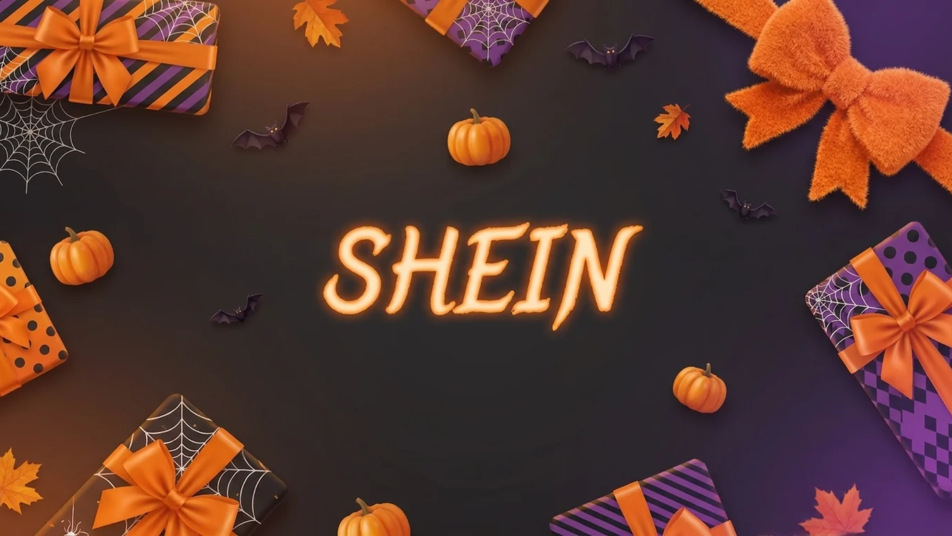 SHEIN Halloween gift card decorated with pumpkins, bats and orange-ribboned presents